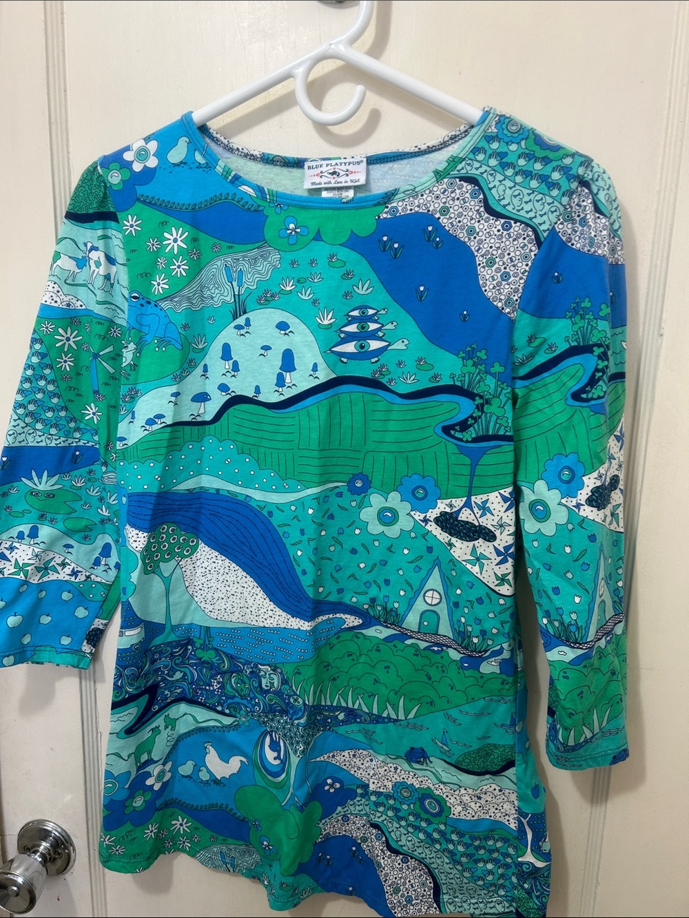 Blue platypus top, new without tags